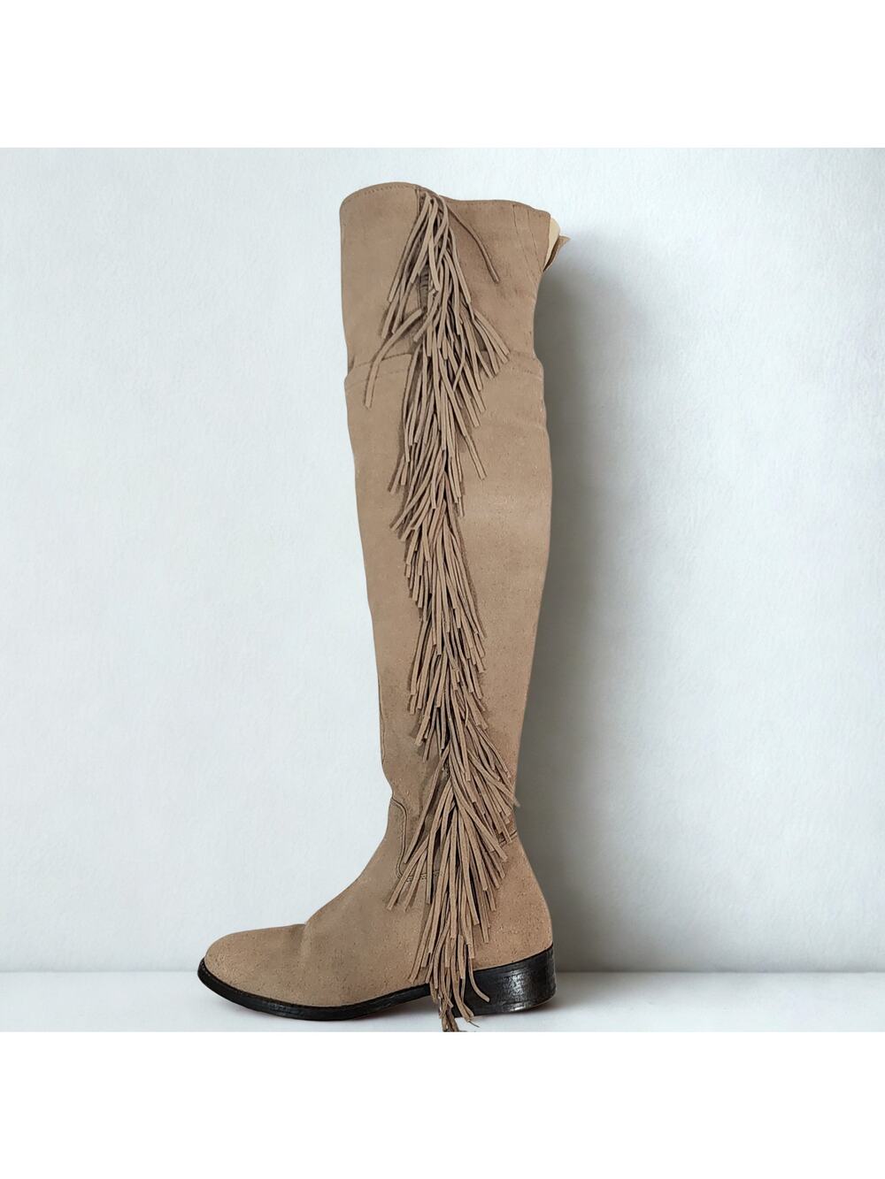 Steve Madden Women's Over The Knee Tall Tan Suede Fringe Flat Heel Boots 6.5